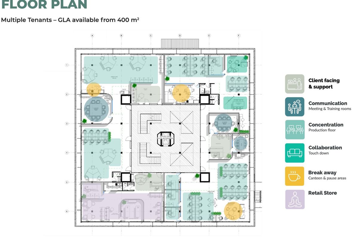 Architectural floor plan showing a commercial office layout with a central service core, multiple workspaces, and designated client-facing and collaboration zones.