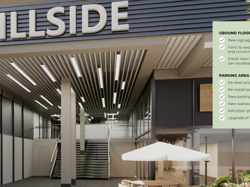 A modern commercial building entrance featuring new signage, linear lighting, and a clean, professional facade design.