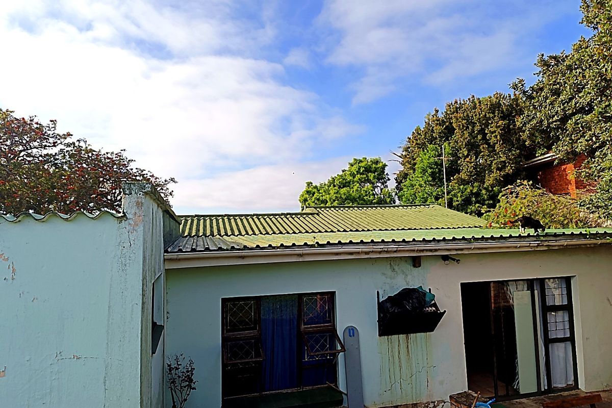 Rear exterior view of the property featuring a corrugated metal roof, sliding glass doors, and steel window frames with visible exterior wall maintenance required.