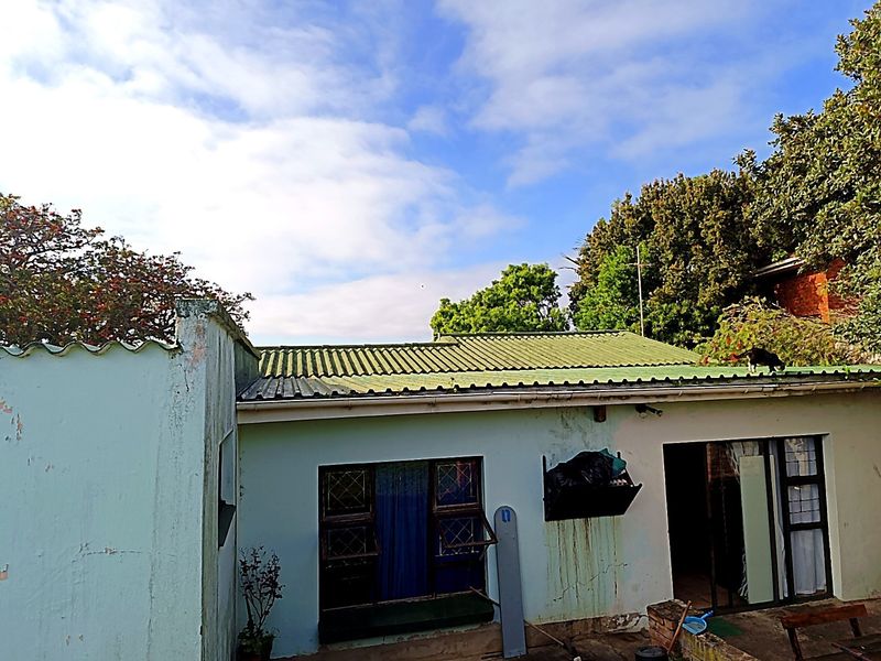 Rear exterior view of the property featuring a corrugated metal roof, sliding glass doors, and steel window frames with visible exterior wall maintenance required.
