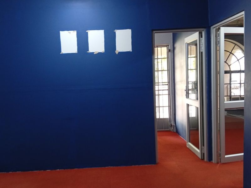 An empty office space featuring blue painted walls, carpeted flooring, and multiple access points with security gates.