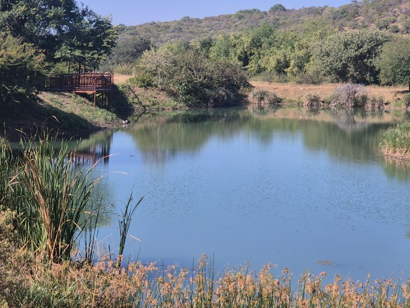 A scenic view of a natural pond on the property, featuring a wooden deck overlooking the water and surrounding landscape.
