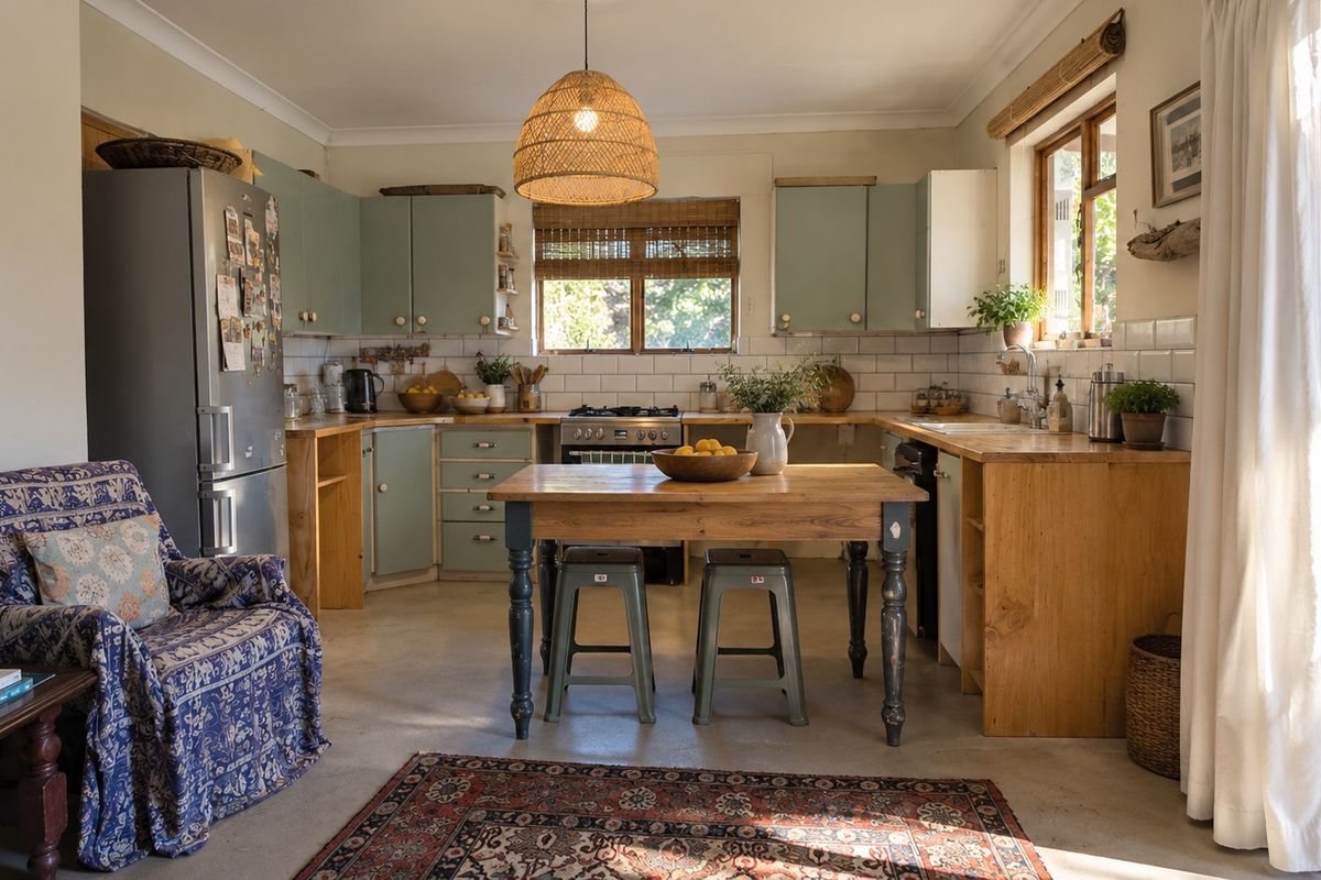 A charming kitchen featuring sage green cabinetry, wooden countertops, subway tile backsplash, and a central wooden island, creating a warm and functional cooking space.