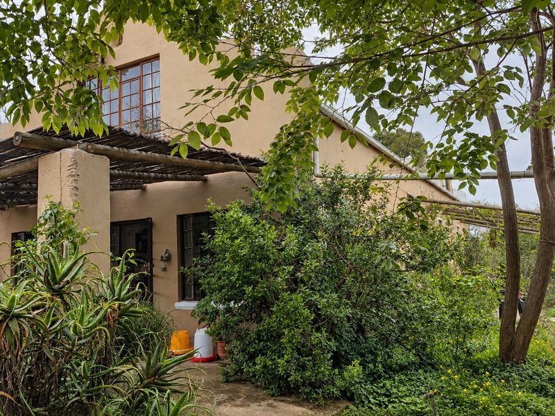 Rear view of the small holding dwelling featuring a timber pergola, established garden, and exterior water storage tank.