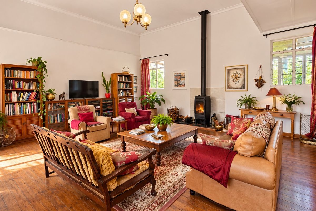 Spacious living room featuring warm hardwood flooring, a central wood-burning fireplace, and large windows that provide ample natural light.