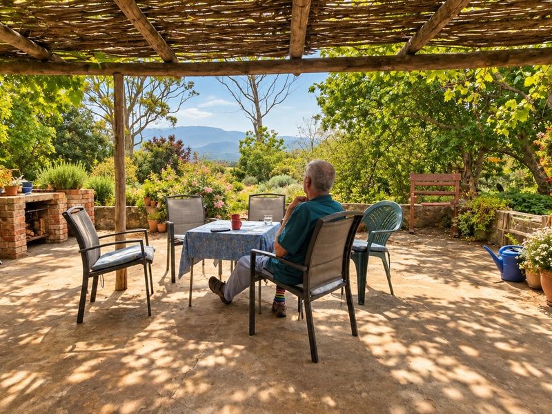 A charming covered patio featuring a rustic thatched pergola, built-in brick braai, and scenic views of the surrounding garden and distant mountains.