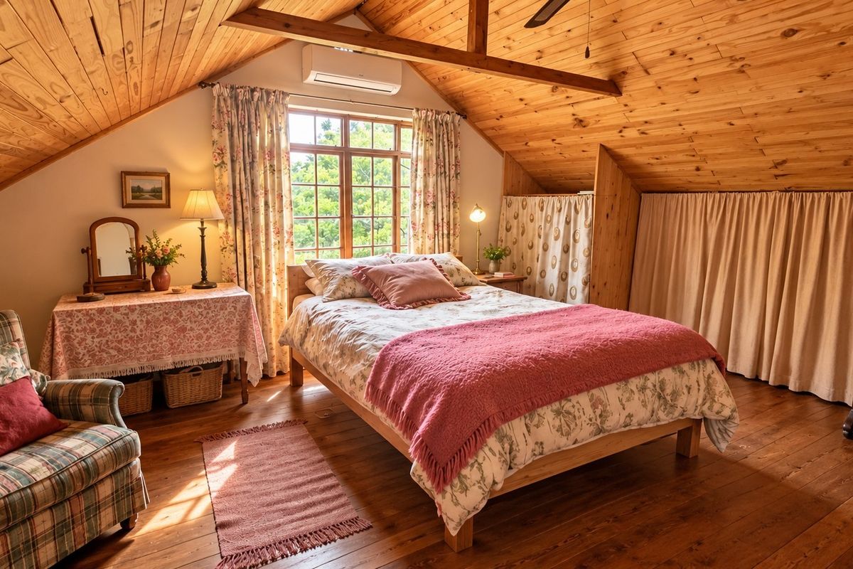 A cozy attic-style bedroom featuring warm timber flooring, exposed wooden ceiling beams, and a split-system air conditioner, offering a rustic and inviting atmosphere.