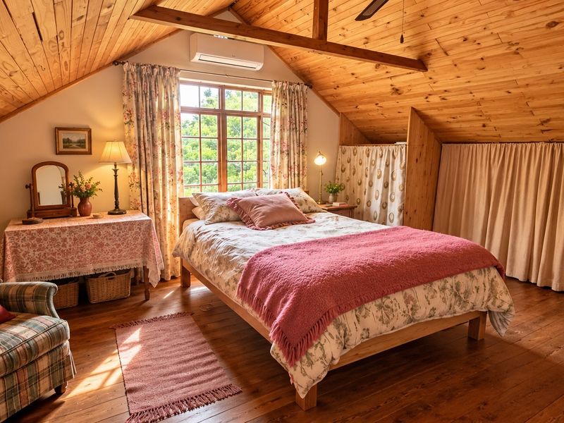 A cozy attic-style bedroom featuring warm timber flooring, exposed wooden ceiling beams, and a split-system air conditioner, offering a rustic and inviting atmosphere.