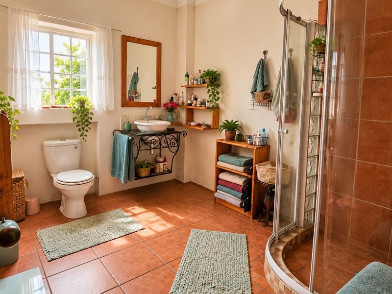 A rustic-style bathroom featuring terracotta floor tiles, a corner shower with glass block accents, a vessel sink on a wrought iron vanity, and natural light.