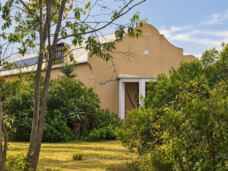 A view of the front facade of a small holding property featuring a gabled roof, solar panels, and established garden surroundings.
