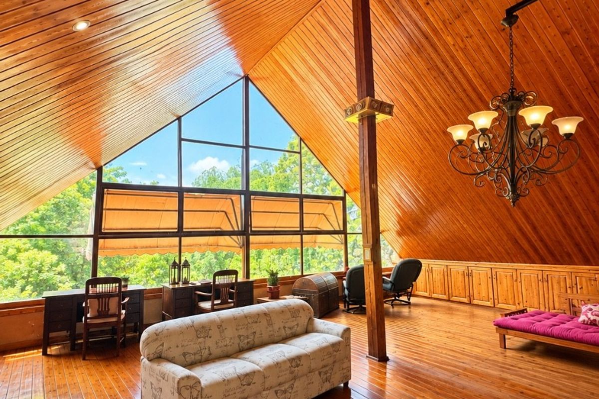 Spacious living area featuring a dramatic vaulted timber ceiling, polished wood flooring, and a large triangular window offering expansive views of the surrounding greenery.