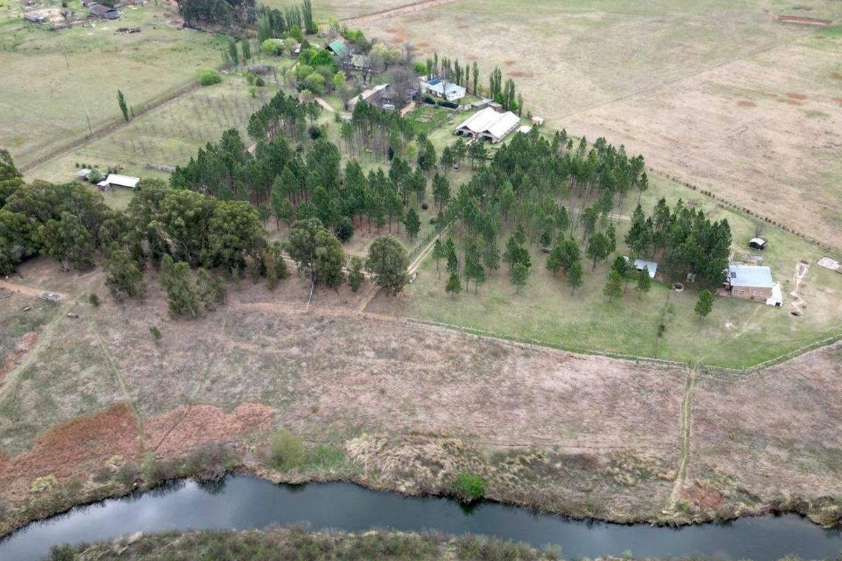 Aerial view of a large small holding property featuring extensive grounds, mature pine trees, multiple structures, and direct river frontage.