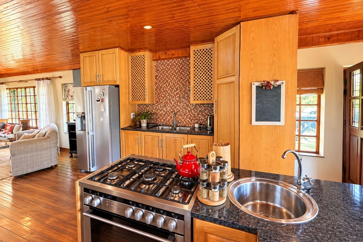 A well-maintained kitchen featuring wooden cabinetry, granite countertops, a gas stove, and a mosaic tile backsplash, set under a warm wooden ceiling.