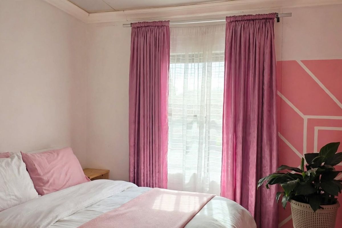 A bedroom featuring a window with curtains and a decorative painted wall accent.