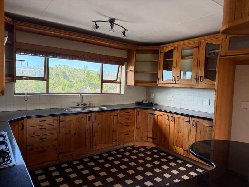 A functional kitchen featuring wooden cabinetry, black countertops, a double sink, and a tiled backsplash with a view of the surrounding greenery.