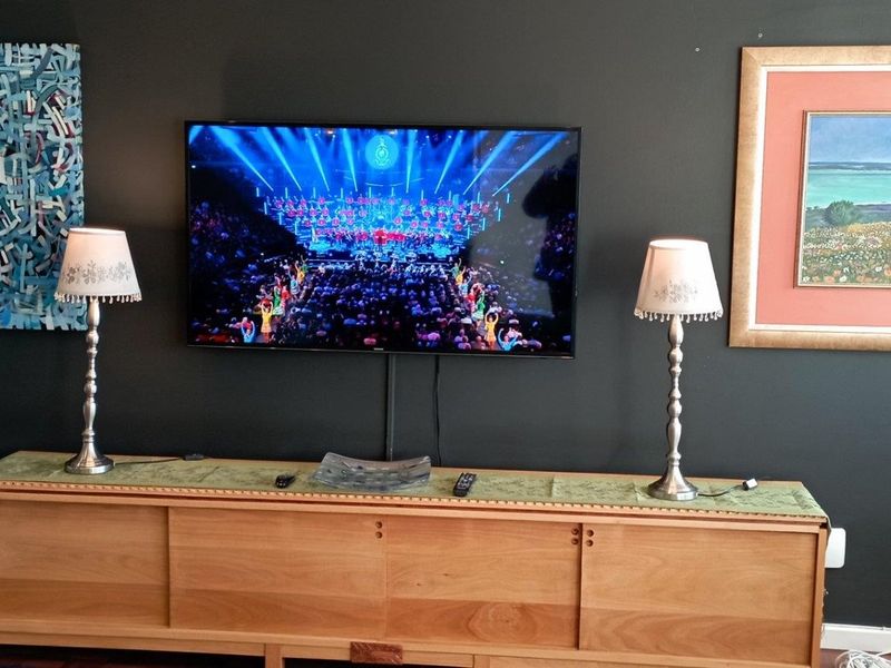 A living room featuring a dark accent wall with a mounted television and hardwood flooring.