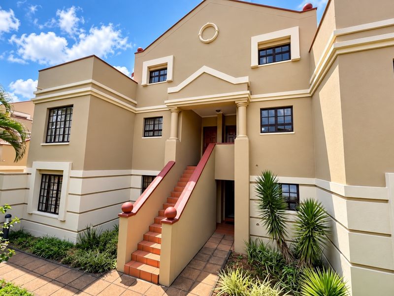 A well-maintained townhouse exterior featuring a tiled staircase leading to the entrance, complemented by decorative columns and multi-pane windows.
