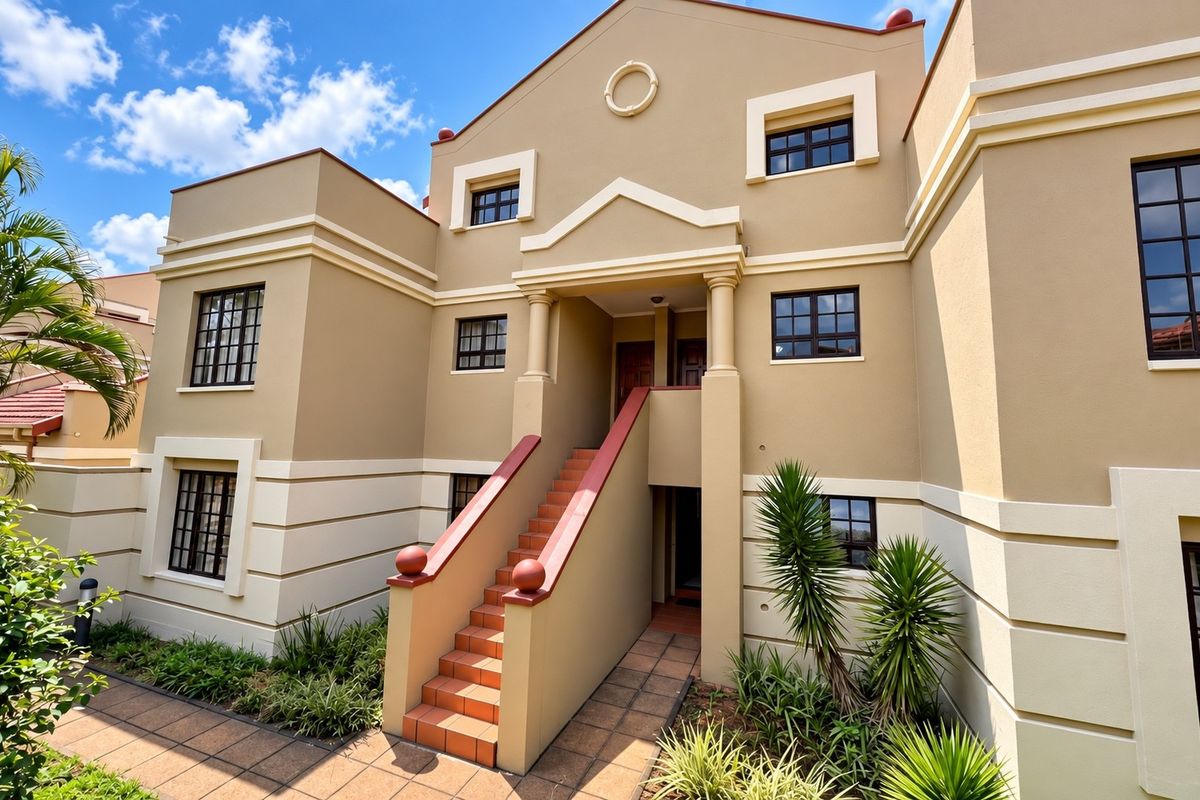A well-maintained townhouse exterior featuring a tiled staircase leading to the entrance, complemented by decorative columns and multi-pane windows.