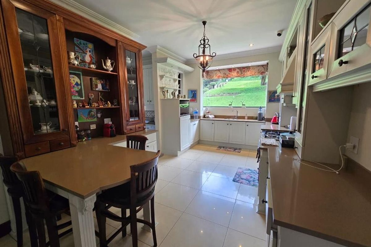 Spacious kitchen featuring extensive built-in cabinetry, stone countertops, integrated appliances, and large windows overlooking the garden.
