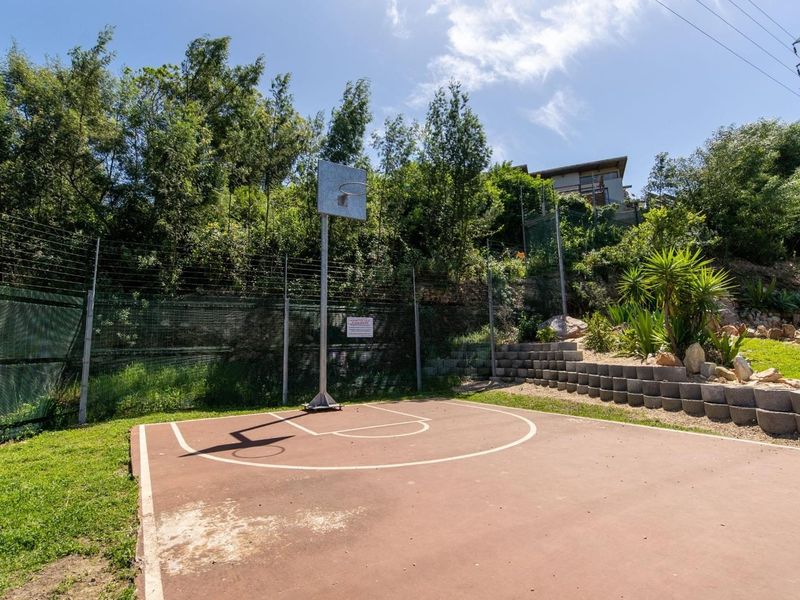 Outdoor basketball court featuring a paved surface, retaining wall, and perimeter security fencing within a landscaped setting.