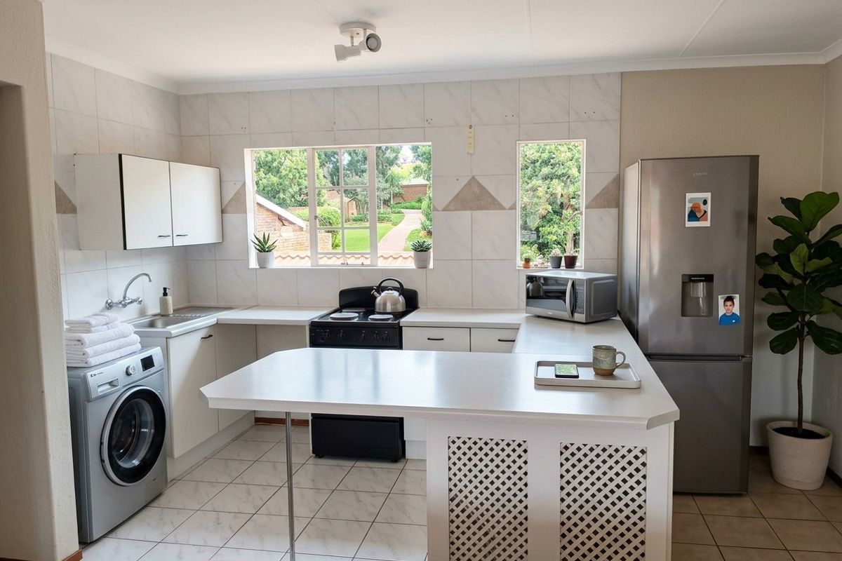 Functional kitchen featuring white cabinetry, tiled backsplash, breakfast bar, and dedicated space for a washing machine, offering a practical layout for daily use.