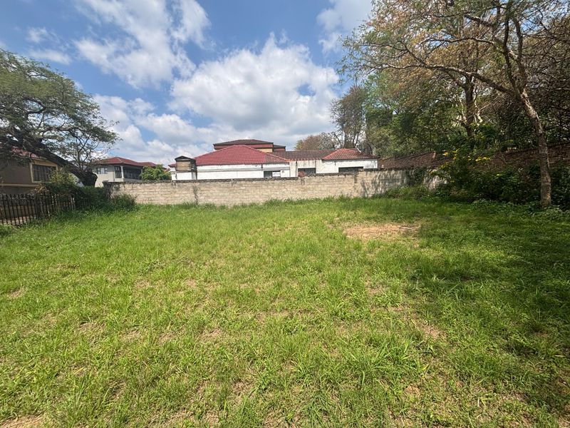 A vacant residential plot featuring a grassed area enclosed by a perimeter wall and mature trees.