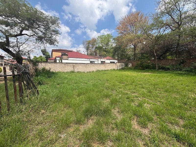A vacant residential plot featuring a grass lawn, perimeter wall, and mature trees, offering potential for development.