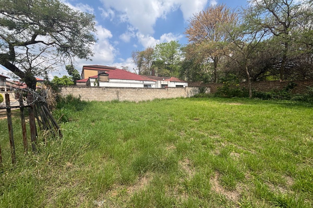 A vacant residential plot featuring a grass lawn, perimeter wall, and mature trees, offering potential for development.