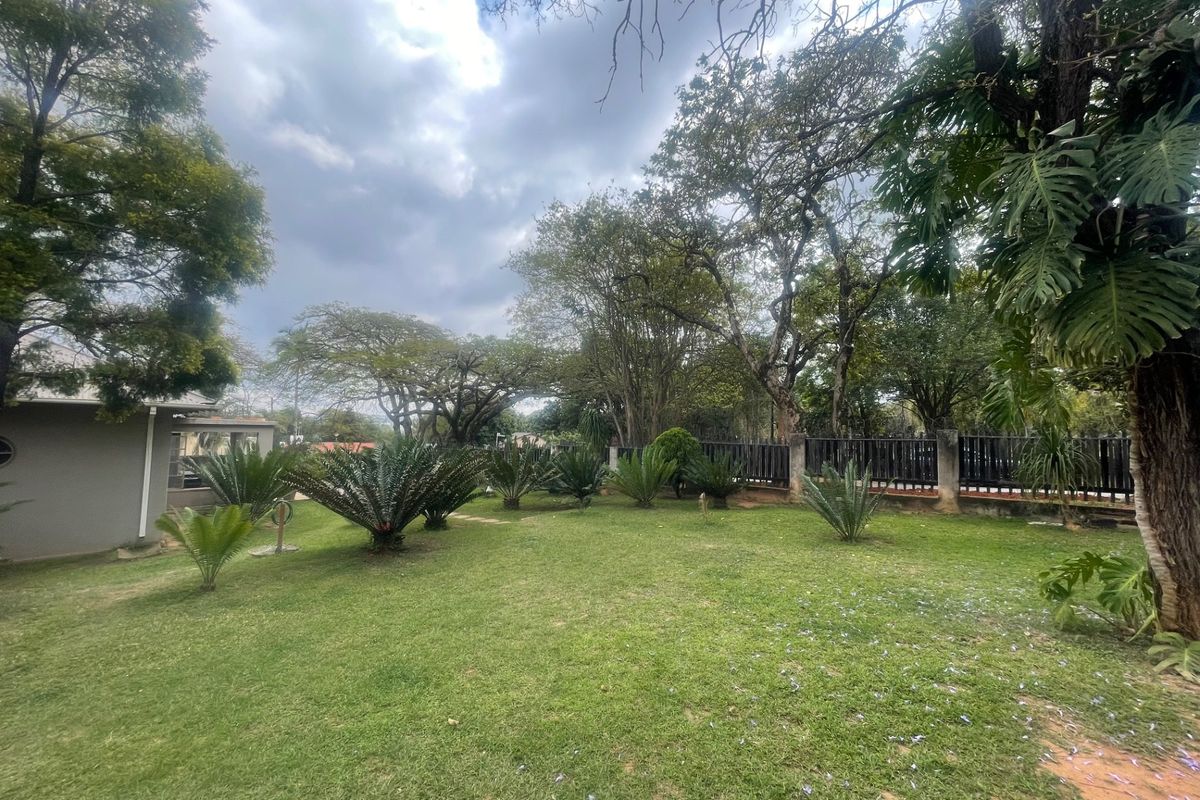 A spacious, well-maintained garden featuring mature trees, established cycads, and perimeter fencing, providing a private and tranquil outdoor setting.