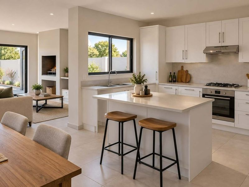 Modern open-plan living area featuring a sleek kitchen with island, built-in appliances, and a seamless transition to the outdoor patio with a fireplace.
