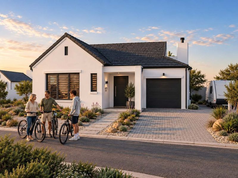 Modern single-story home featuring a clean white facade, dark tiled roof, integrated garage, and a well-maintained landscaped front garden.