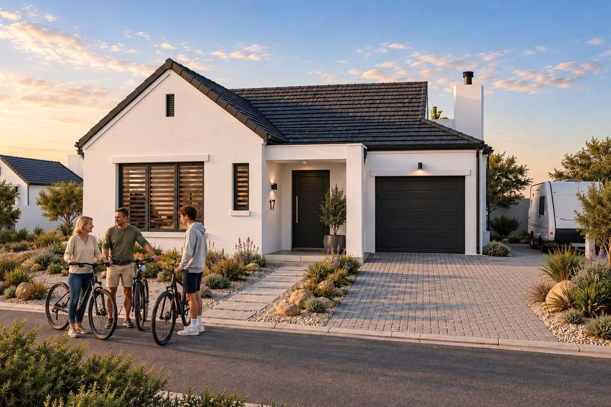 Modern single-story home featuring a clean white facade, dark tiled roof, integrated garage, and a well-maintained landscaped front garden.
