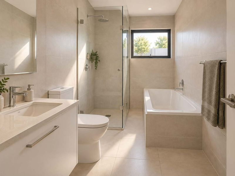 Modern bathroom featuring a sleek vanity, glass-enclosed shower, and a built-in bathtub with neutral floor-to-ceiling tiling and high-quality finishes.