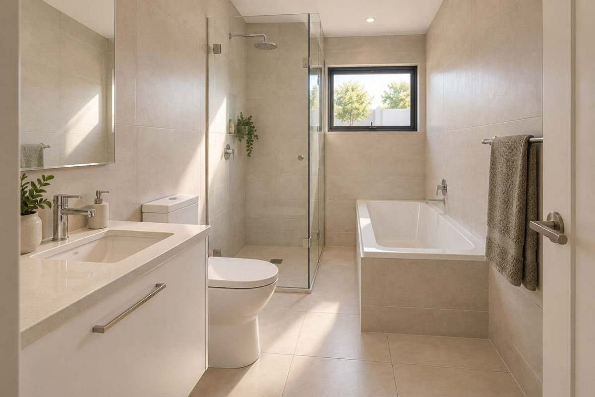 Modern bathroom featuring a sleek vanity, glass-enclosed shower, and a built-in bathtub with neutral floor-to-ceiling tiling and high-quality finishes.