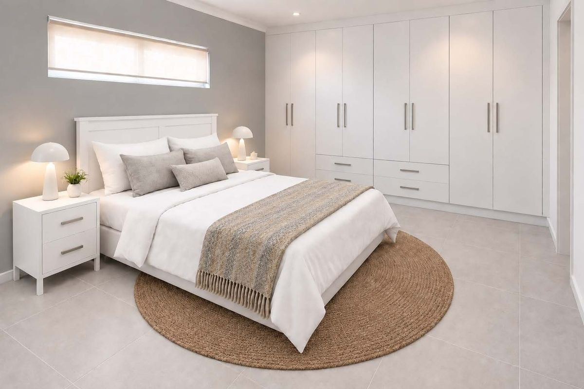 A modern, well-maintained bedroom featuring extensive built-in cabinetry, neutral tiled flooring, and recessed lighting.