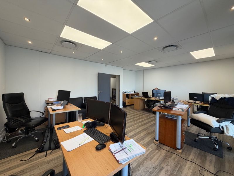 A functional open-plan office space featuring suspended ceiling tiles, recessed lighting, and durable laminate wood flooring.