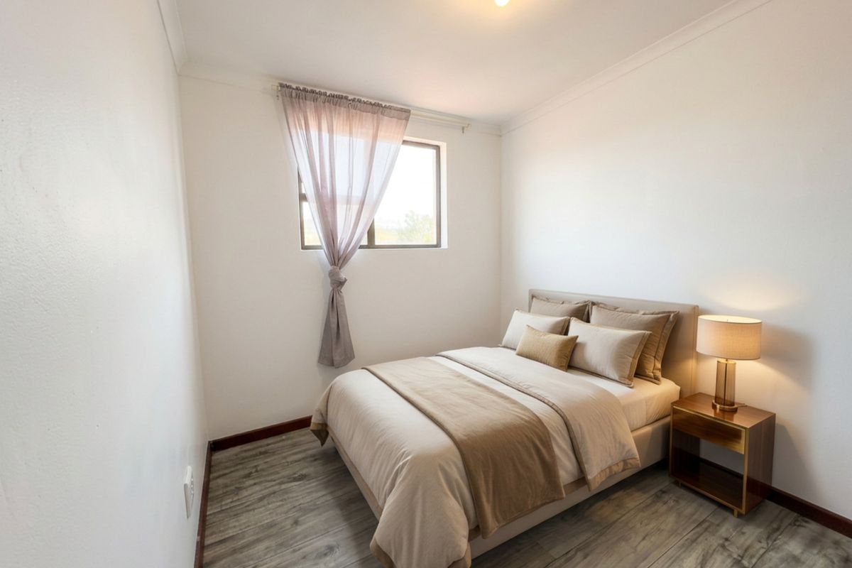 A well-maintained bedroom featuring modern laminate flooring, neutral walls, and coving detail, providing a clean and comfortable living space.