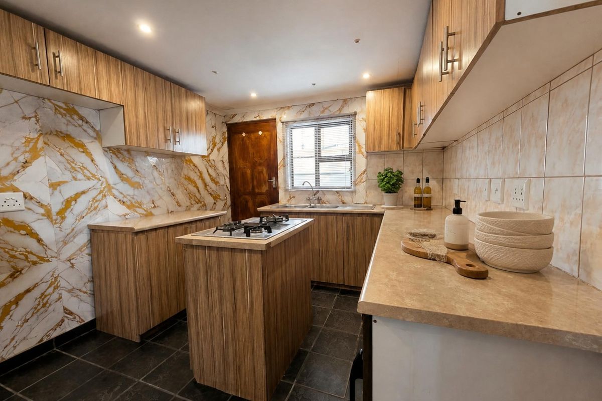 A well-maintained kitchen featuring wood-grain cabinetry, marble-effect wall tiling, a central island with a gas cooktop, and dark tiled flooring.