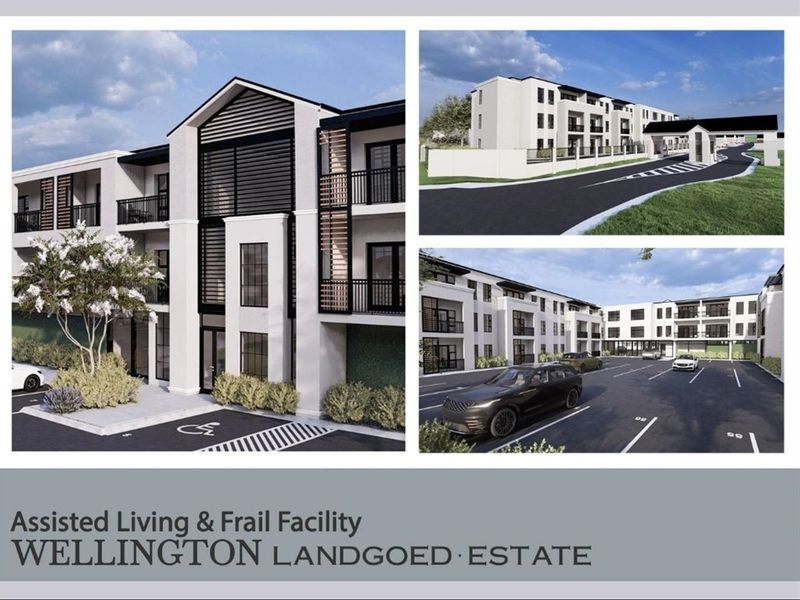 Architectural rendering of the Wellington Landgoed Estate assisted living and frail care facility, showcasing modern building facades, parking areas, and landscaped grounds.