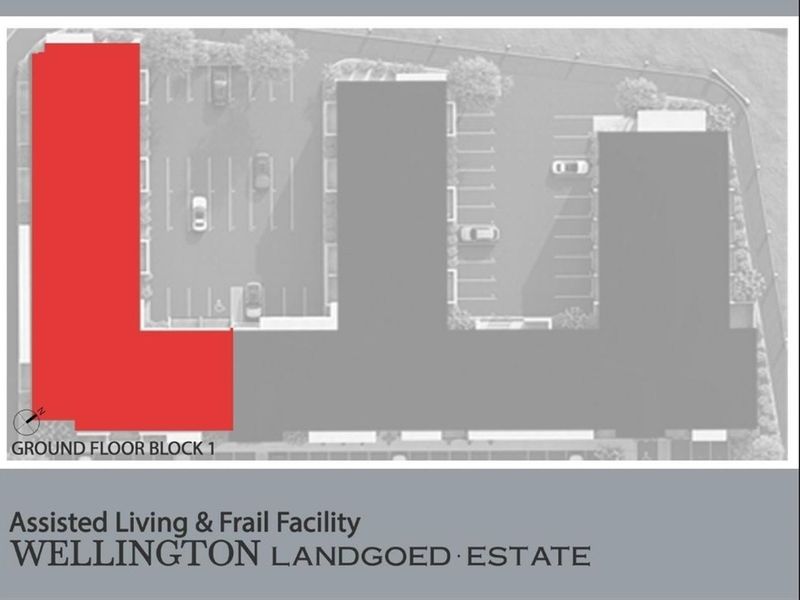 Site plan showing the ground floor layout of Block 1 at Wellington Landgoed Estate, highlighting the assisted living and frail care facility section.