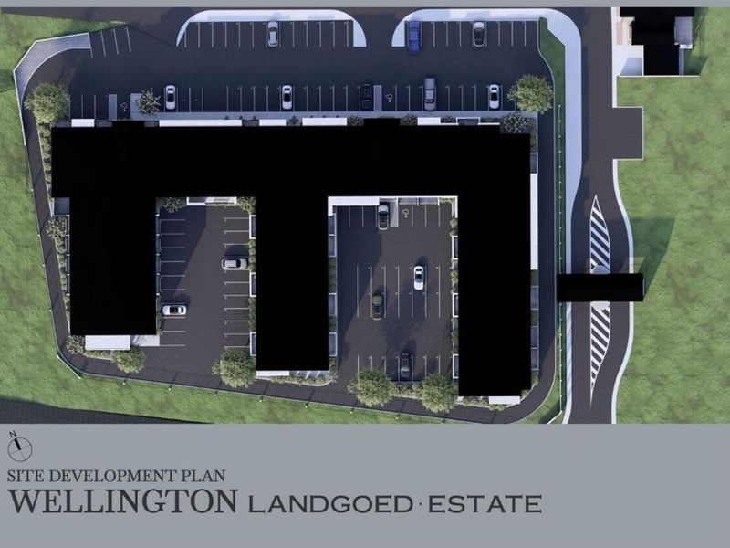Site development plan for Wellington Landgoed Estate, showing the building footprint, parking layout, and access roads.