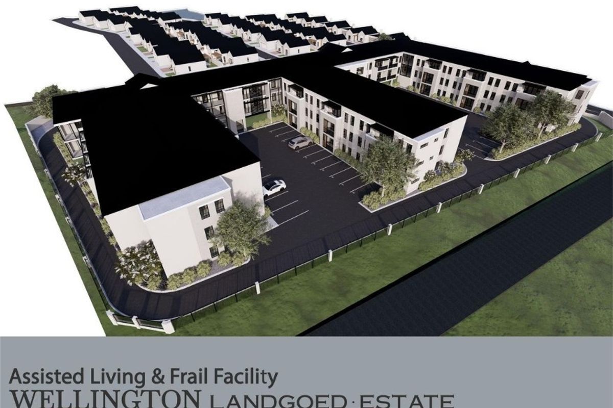 An aerial 3D architectural render of the Wellington Landgoed Estate, showcasing the apartment complex layout, parking facilities, and surrounding grounds.