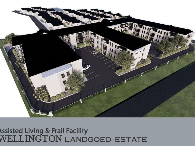 An aerial 3D architectural render of the Wellington Landgoed Estate, showcasing the apartment complex layout, parking facilities, and surrounding grounds.