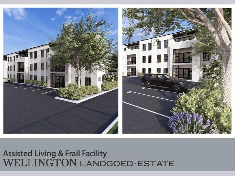 Architectural rendering of the Wellington Landgoed Estate assisted living and frail care facility, featuring modern building design and dedicated parking.