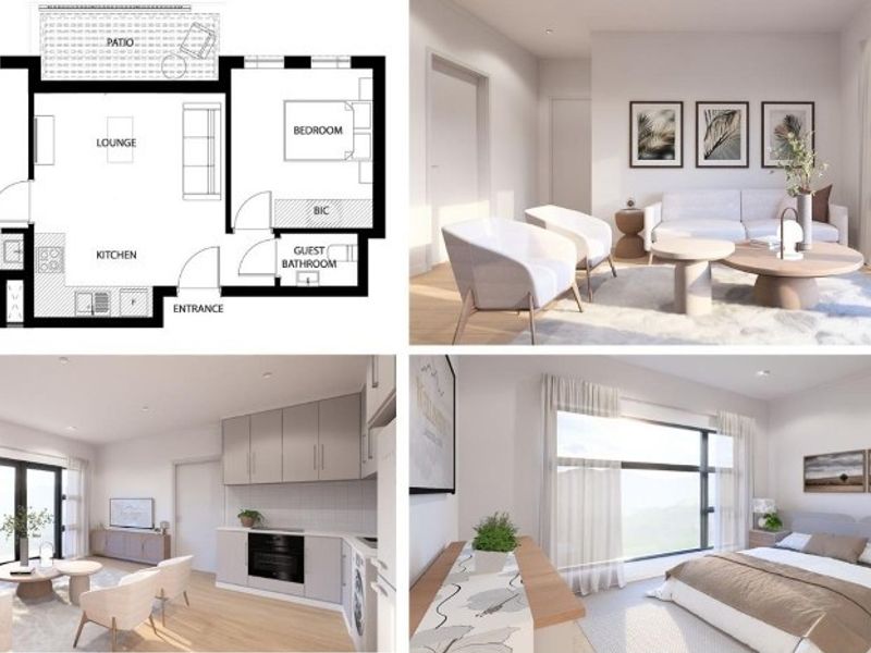 A composite image featuring a floor plan layout alongside rendered interior views of the apartment living area and bedroom.