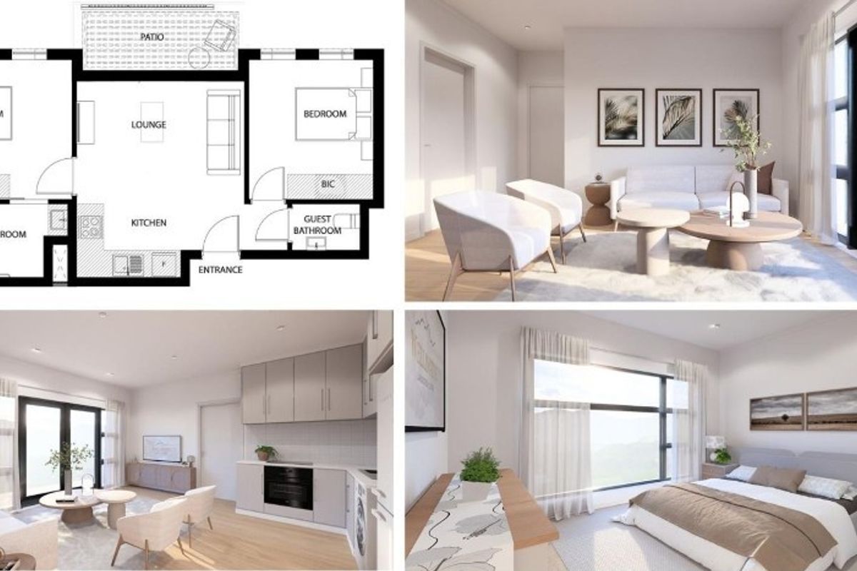A composite image featuring a floor plan layout alongside rendered interior views of the apartment living area and bedroom.