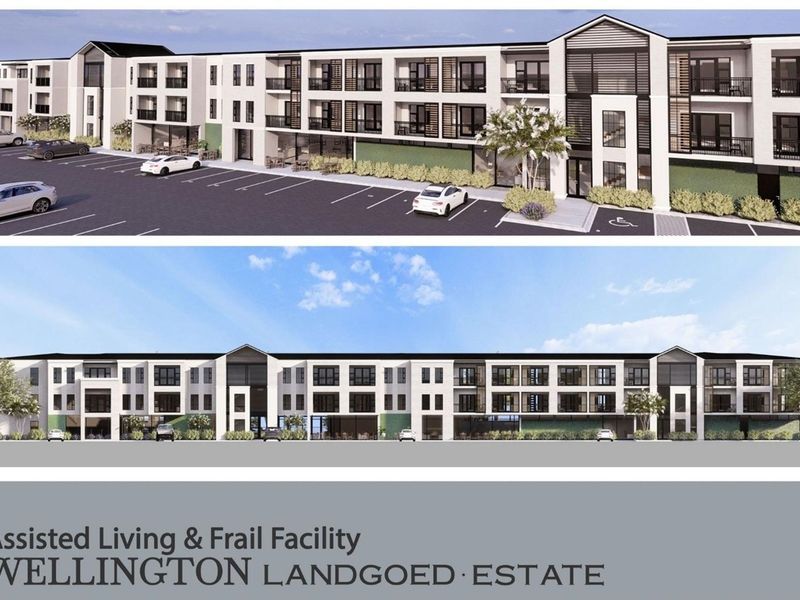 Architectural rendering of the Wellington Landgoed Estate assisted living and frail care facility, featuring modern multi-story apartment architecture and dedicated parking.