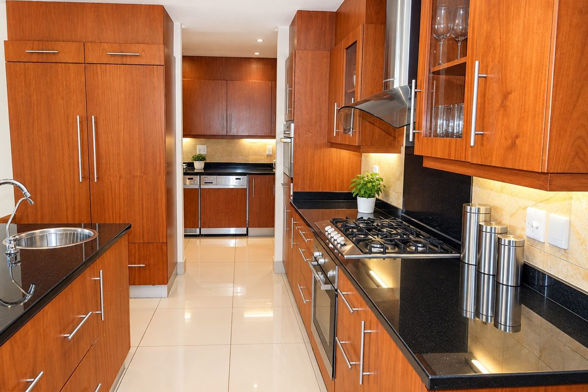 Modern kitchen featuring warm wood cabinetry, sleek black granite countertops, integrated appliances, gas hob, and polished tile flooring with under-cabinet lighting.