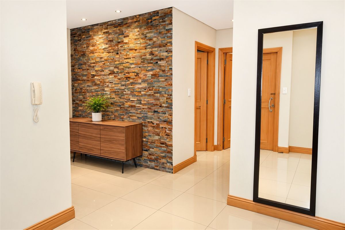 A well-maintained hallway featuring a decorative stone feature wall, polished tile flooring, and recessed downlighting, providing a clean and modern entrance area.