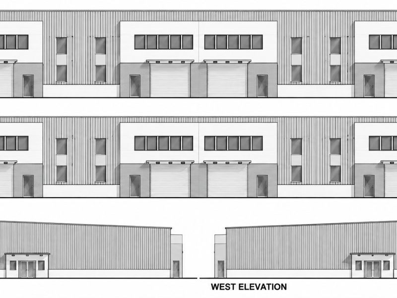 Architectural elevation drawings showing the north, south, east, and west facades of the industrial building design.